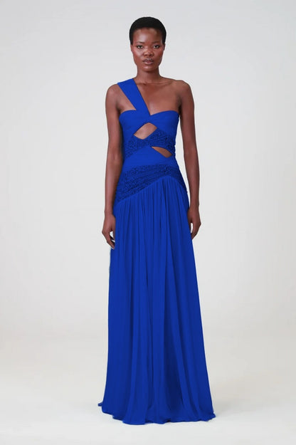 Charming Blue Sleeveless One Shoulder Long Evening Dress with Sequins