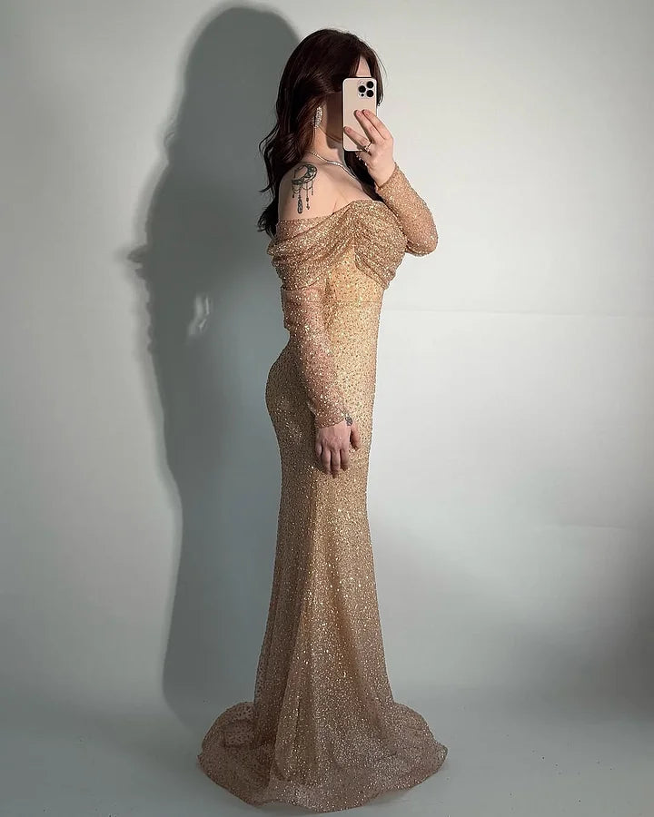 Glamorous Off-The-Shoulder Long Sleeves Beads Mermaid Prom Dress
