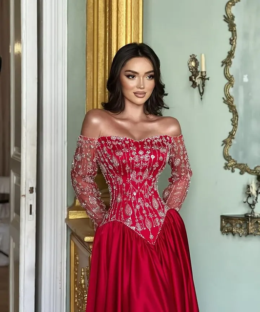Stunning Red Bateau Neck Long Sleeves Beaded Evening Dress With Pleated