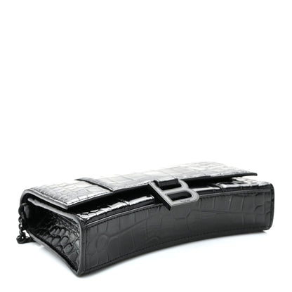 Shiny Calfskin Monochrome Crocodile Embossed Hourglass Chain Bag Black