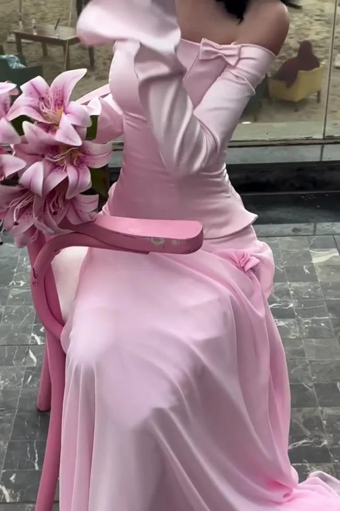 Elegant Pink Off Shoulder Sheath Long Party Dress Lovely Birthday Outfits Prom Dress, D2982