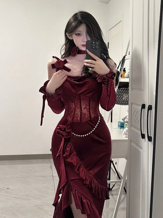 Burgundy Rose Mermaid Spagehtti Strap Lace Satin Prom Dress Party Dress SH5023