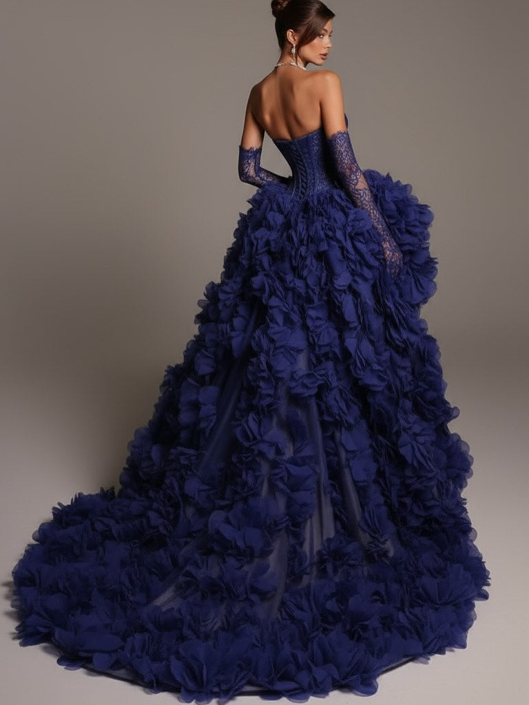 Sleeveless Strapless A Line Embroidery Pleated Prom Dress With Gloves