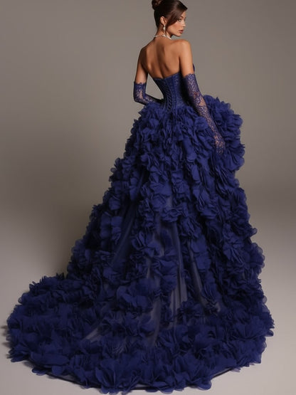 Sleeveless Strapless A Line Embroidery Pleated Prom Dress With Gloves