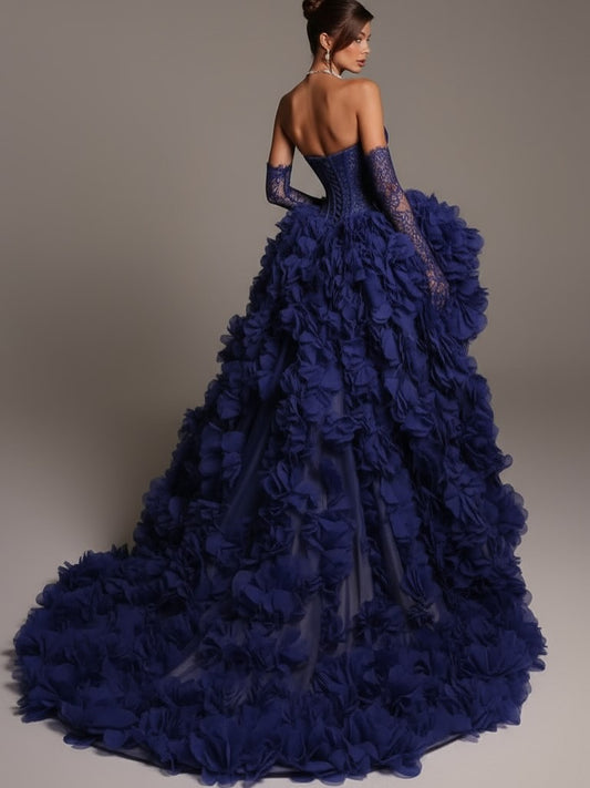 Sleeveless Strapless A Line Embroidery Pleated Prom Dress With Gloves