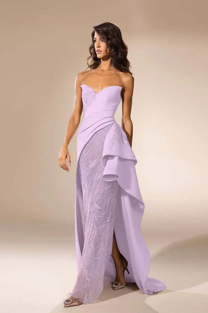 Sleeveless Strapless V Neck Embroidery Long Prom Dress With Slit