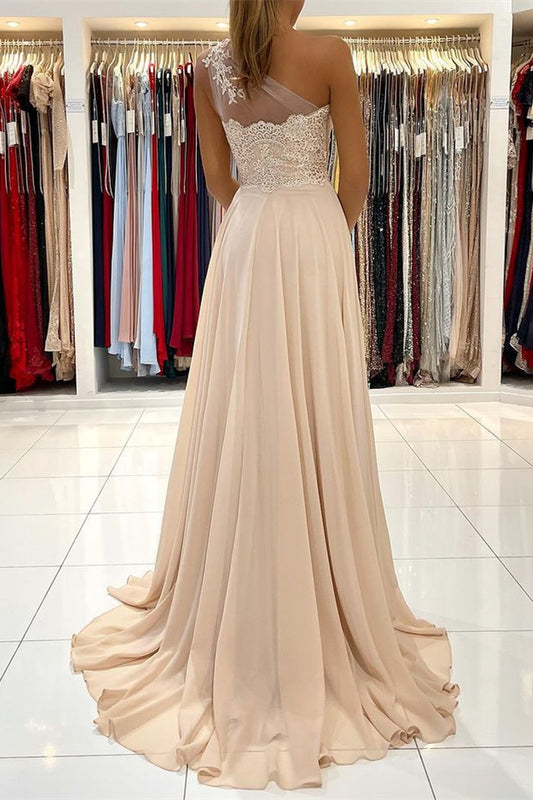 Glamorous One Shoulder Lace Appliques Prom Dress Front Slit
