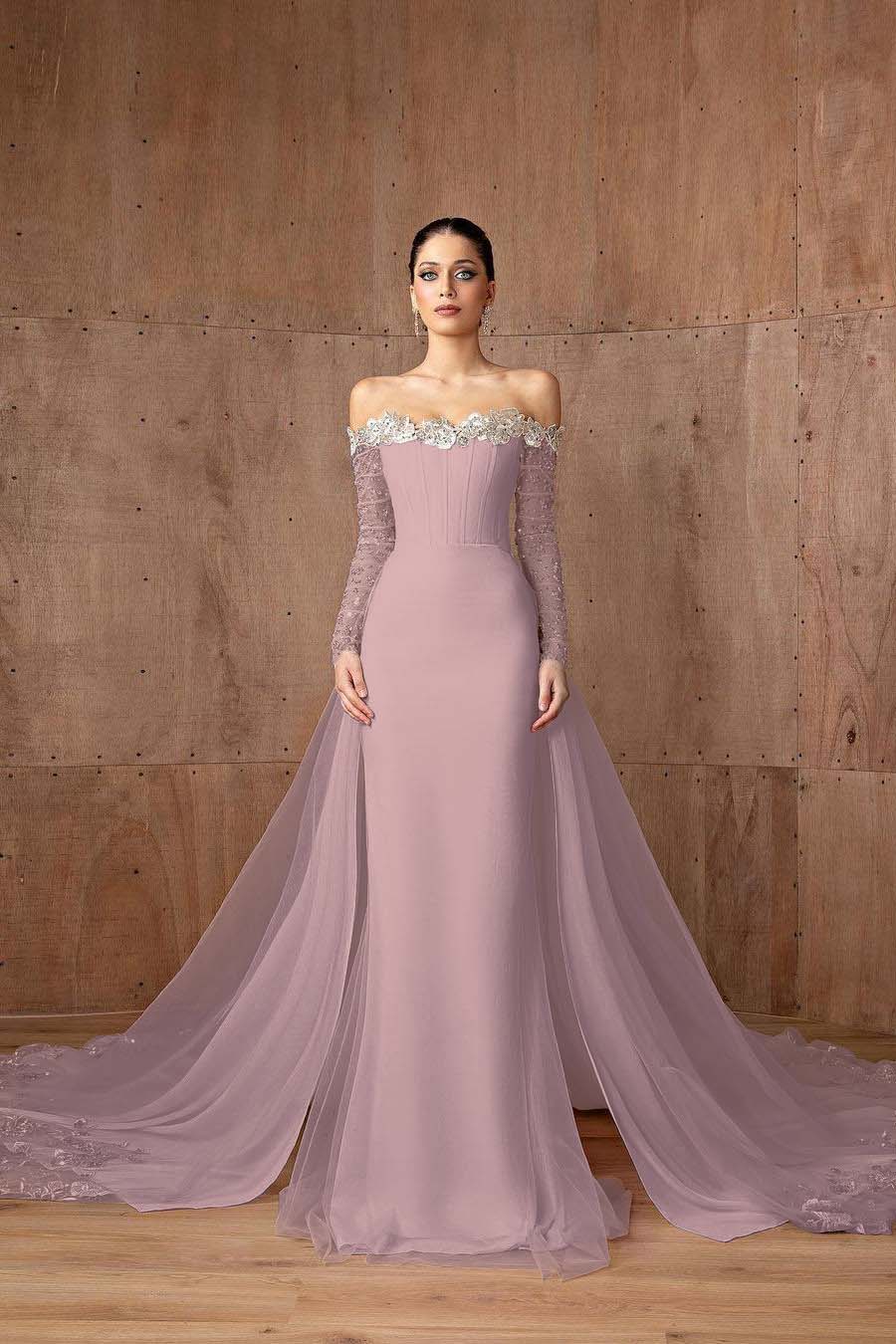Charming Pink Satin Off the Shoulder Long Sleeves Long Prom Dress with Beadings