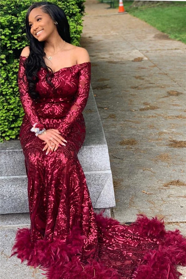 Long Sleeves Mermaid Prom Dress Sequins Burgundy With Feather