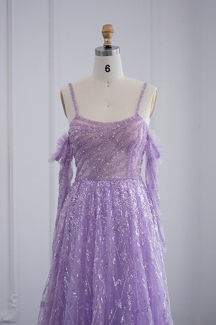 Pink Off-The-Shoulder A Line Prom Dress Long Sleeves Tulle With Sparkle Appliques