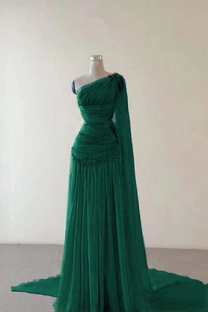 Glamorous Pink Sleeveless One Shoulder Long Evening Dress With Train