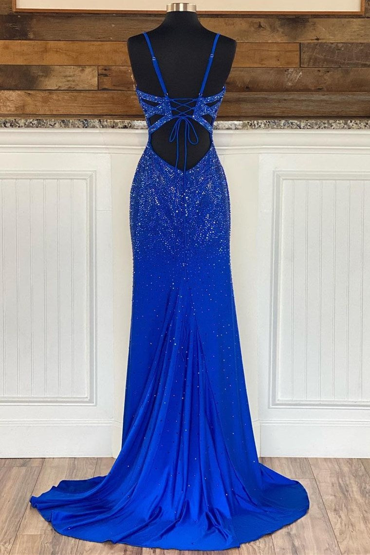 Royal Blue V Neck Mermaid Evening Dress Split With Appliques