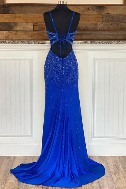 Royal Blue V Neck Mermaid Evening Dress Split With Appliques