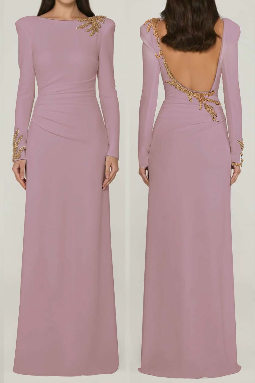 Chic Black Satin Long Sleeves Squre Neck Prom Dress with Rhinestone
