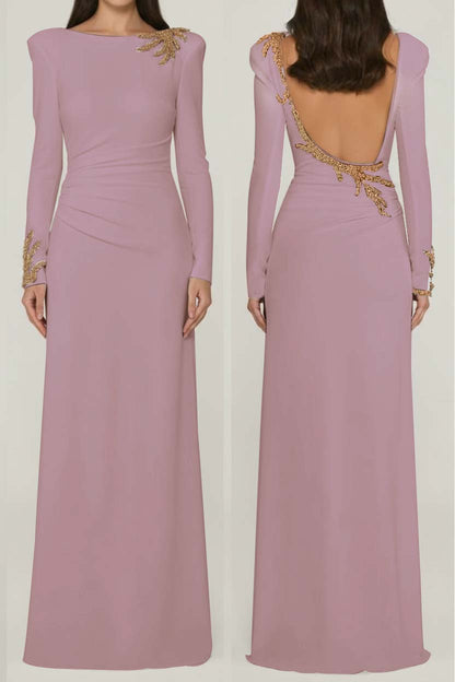Chic Black Satin Long Sleeves Squre Neck Prom Dress with Rhinestone