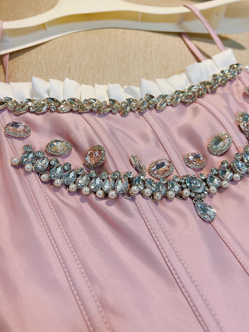 Chic Pink Spaghetti Strap Beading A-line V-neck Party Dresses Homecoming Dresses, D1339