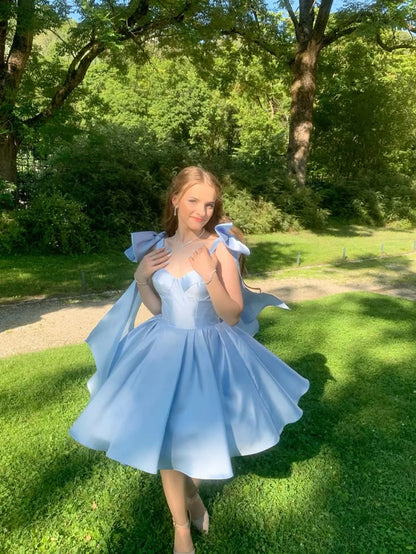 Cute A Line Straps Blue Satin Short Homecoming Dress Cocktail Dress with Bow SH3171