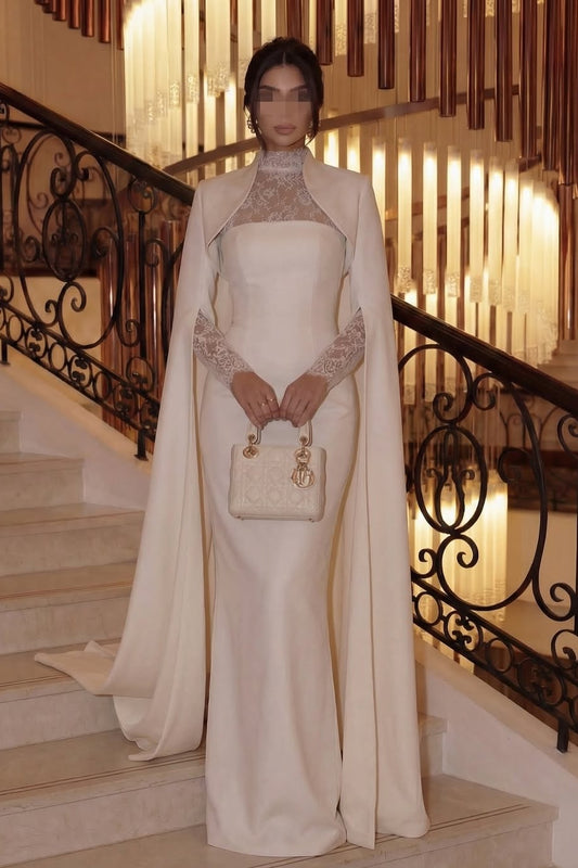Stunning White Long Sleeves High Neck Lace Mermaid Evening Dress