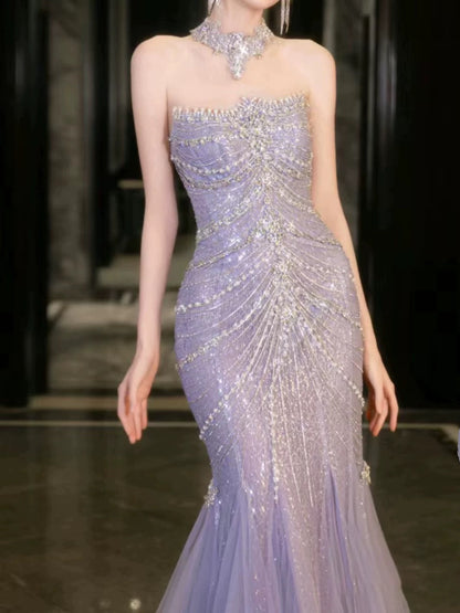 Pretty Mermaid Off The Shoulder Blue Tulle Silver Beads Long Prom Dresses Formal Evening Dress SD1399
