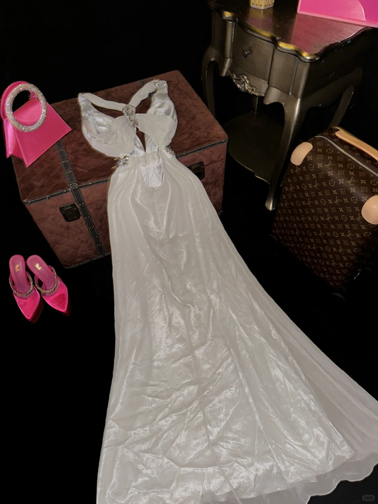 Classy A Line Halter Rhinestone White Chiffon Satin Prom Dress Party Dress SH3163