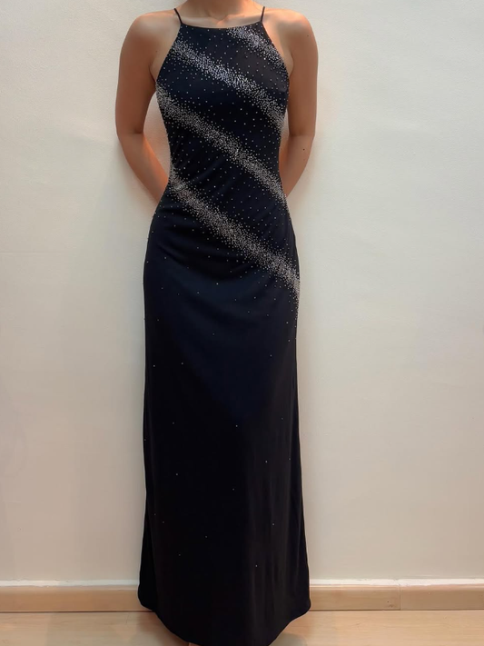 Vintage Sheath Spaghetti Strap Beaded Black Chiffon Prom Dress Evening Dress SH2102