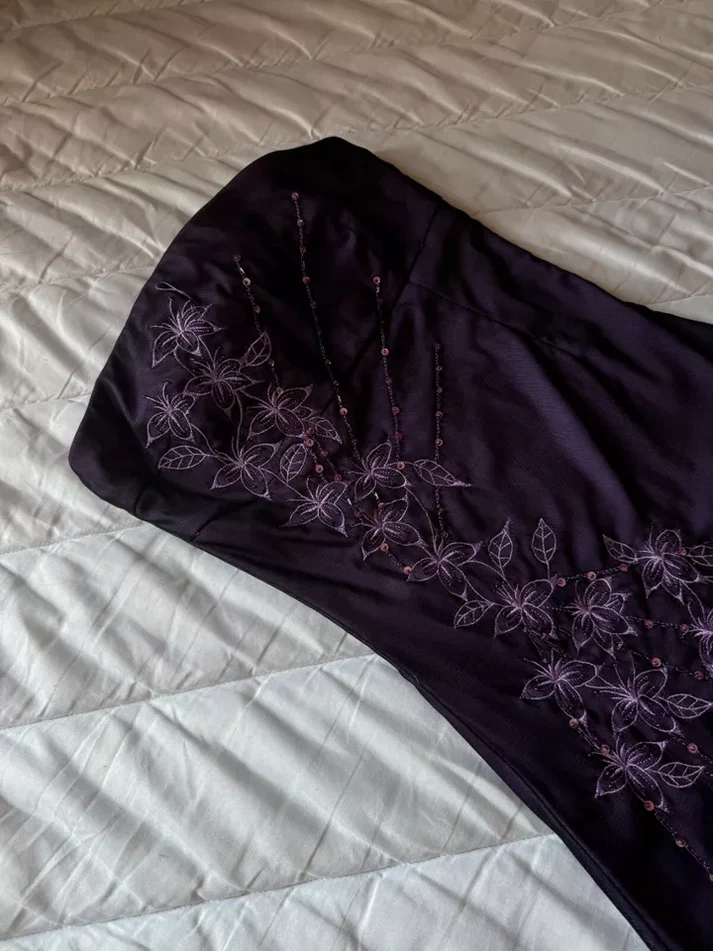 Vintage Strapless Purple Chiffon Satin Beaded Long Birthday Prom Dress Evening Gown D1599