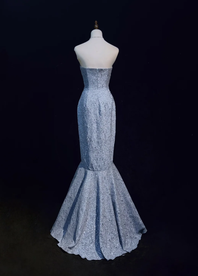 Elegant Strapless Blue Satin Print Mermaid Long Evening Dress Birthday Prom Dress SP1971