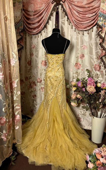 Retro Gold Mermaid Spaghetti Strap Beaded Tulle Long Prom Dress Evening Dress SH3717