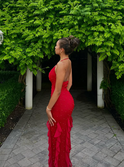 Red Exquisite Beaded Ruffle Flowy Chiffon Formal Party Dress Prom Dress Date Dress SH3532