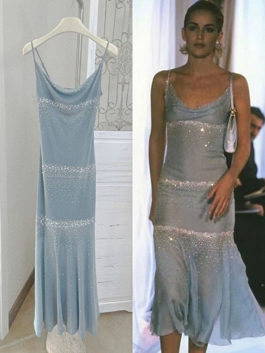 Sky Blue Beaded Chiffon Slip Prom Dress Formal Evening Dress SH1245