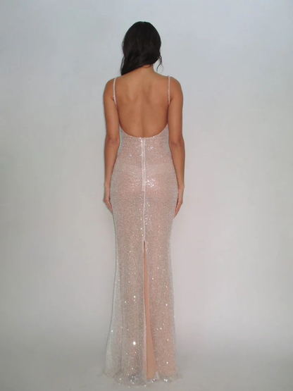 Elegant Mermaid Sequin  Pink Prom Dress Long Brithday Evening Dress SH1215