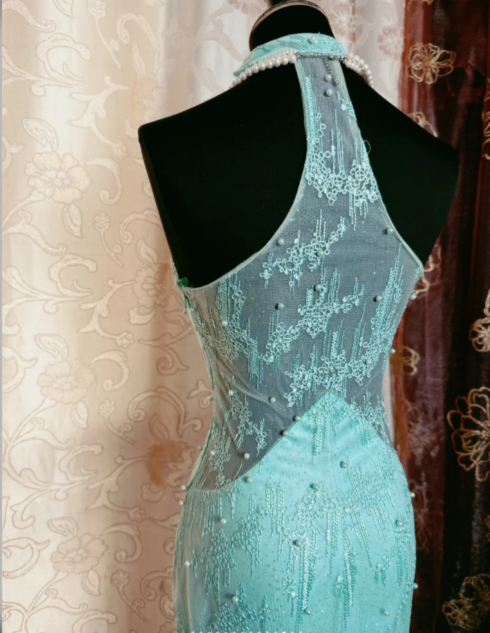 Glamorous Sleeveless Mint Green Lace Beaded Mermaid Long Prom Dress Formal Birthday Evening Gown SP1893