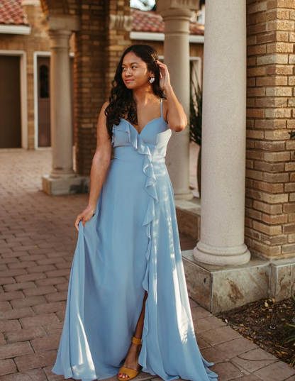 Gentle A Line Ruffle Blue Chiffon Evening Dress Bridesmaid Dress with Slit SH2703