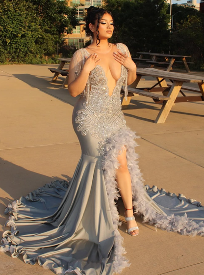 Gorgeous Mermaid Deep V Neck Beaded Feather Long Sweep Prom Dress Evening Dress SH2193