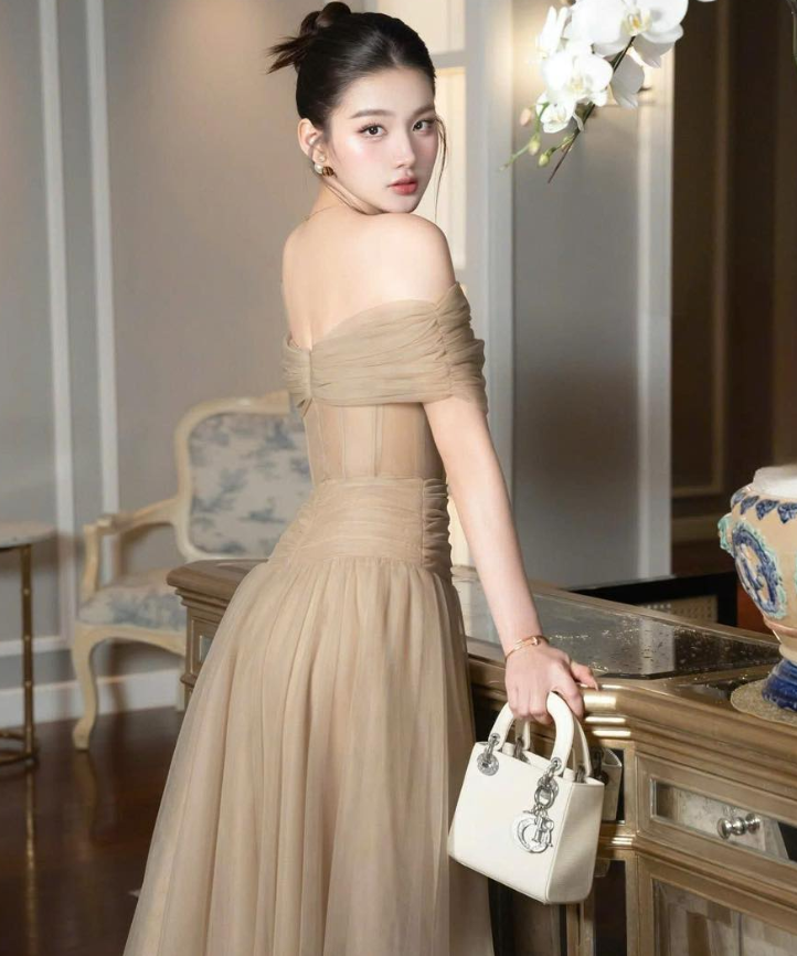 Simple A Line Off the Shoulder Mocha Tulle Long Prom Dress Evening Dress SH4671