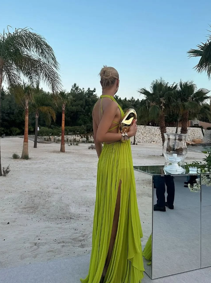 Green A Line Halter Chiffon Open Back Long Prom Dress Evening Dress SH2276