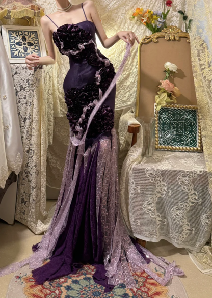 Glamorous Purple Spaghetti Straps Satin Lace Pleated Mermaid Long Party Dress Formal Birthday Prom Dress Evening Gown D2054