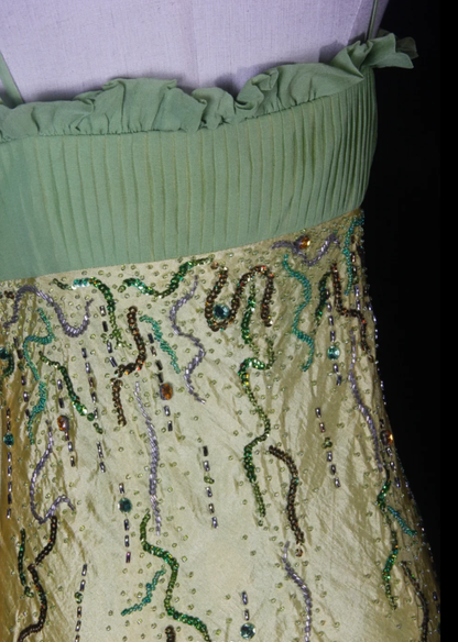 Chic Spaghetti Straps Yellow-green Satin Beaded Mermaid Long Party Dress Birthday Evening Gown With Ruffles D2267
