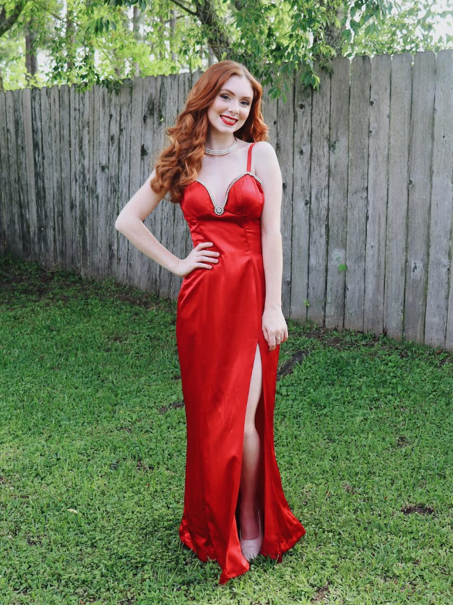 Charming Sheath Spaghetti Strap Rhinestone Red Satin Long Evening Dresses Party Dresses with Slit SH2676