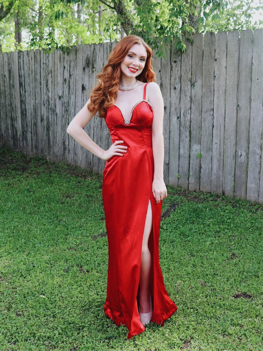 Charming Sheath Spaghetti Strap Rhinestone Red Satin Long Evening Dresses Party Dresses with Slit SH2676
