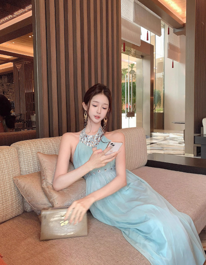 Gentle Baby Blue A Line Halter Beaded Chiffon Open Back Evening Dress Party Dress SH3482
