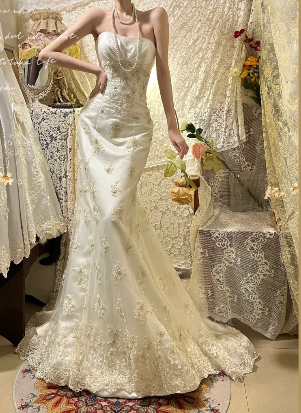 Elegant Strapless Tulle Lace Appliques Beaded Mermaid Evening Dress Long Party Gown D2109