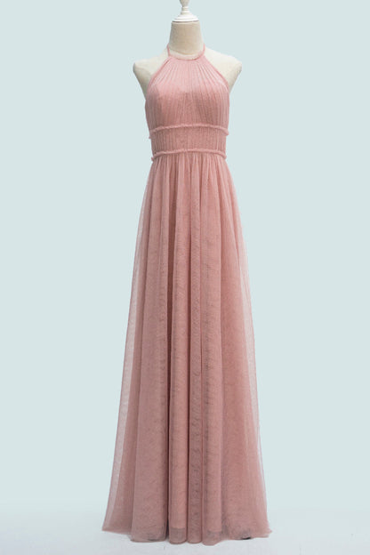 Blushing Pink A-line Halter Pleated Backless Long Bridesmaid Dress