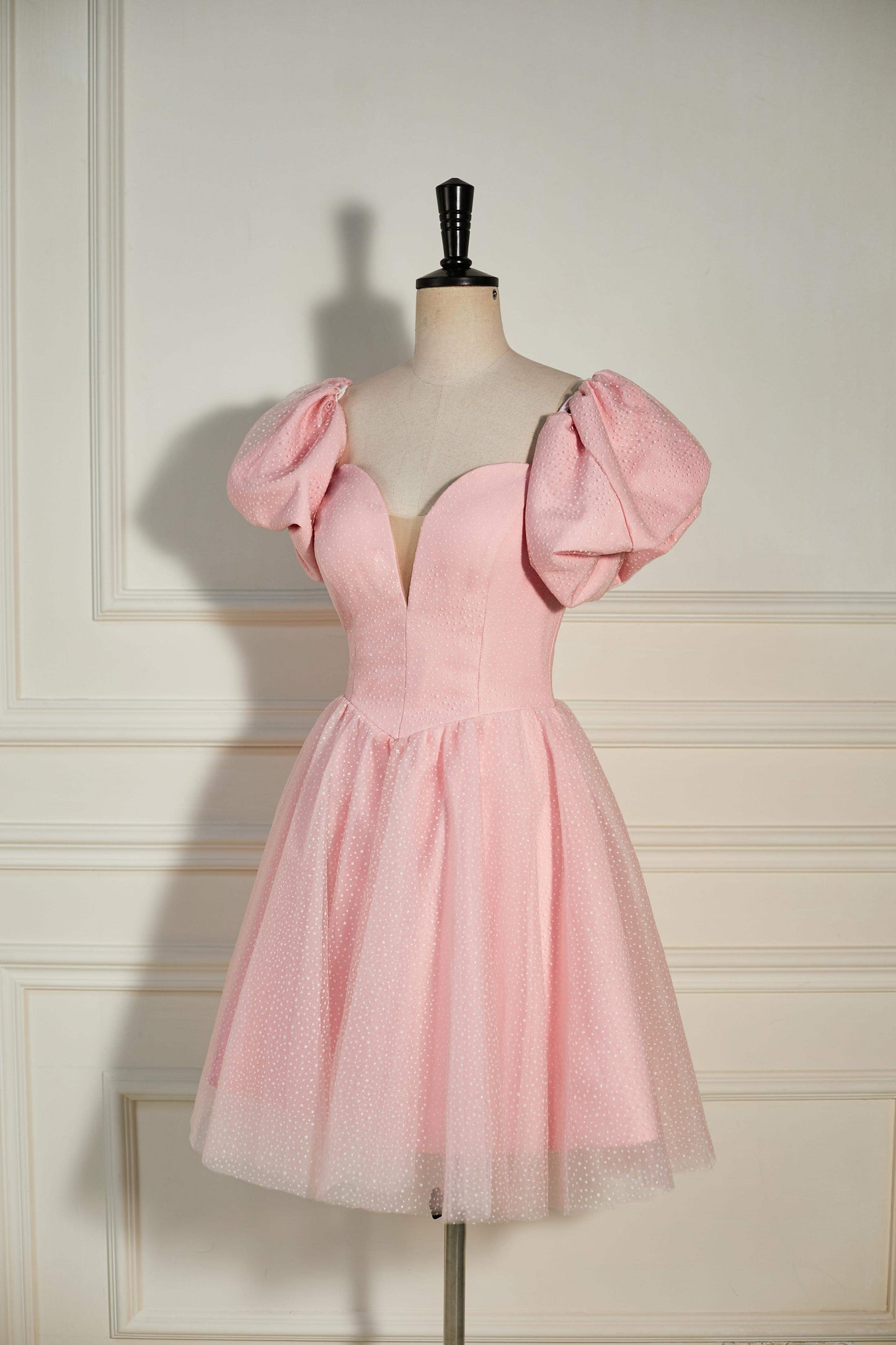 Pink Plunging V Neck Dot Lace-Up A-line Homecoming Dress