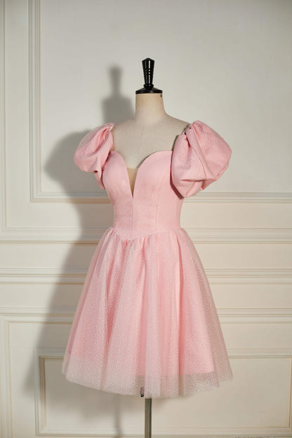 Pink Plunging V Neck Dot Lace-Up A-line Homecoming Dress