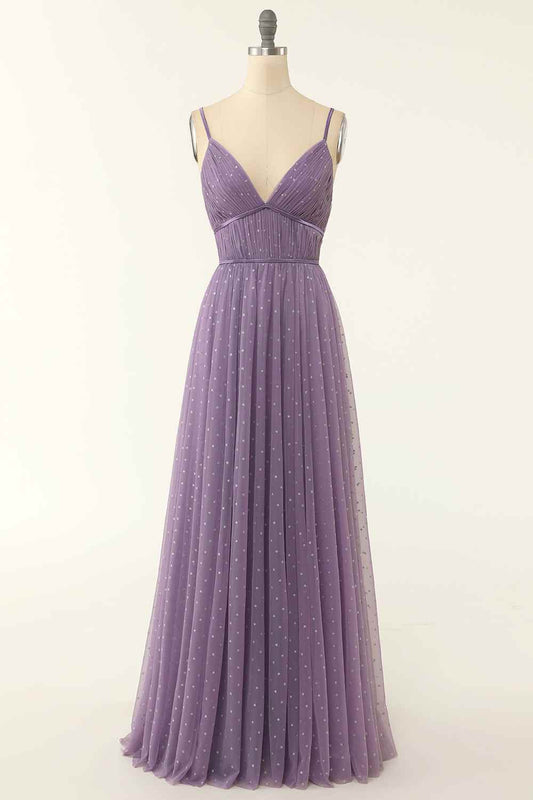 Lavender V-Neck A-Line Sleeveless Party Prom Dress