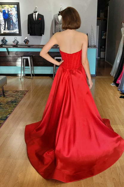 Satin A-Line Strapless Empire Long Party Prom Dress