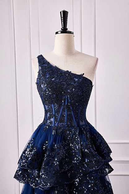 Dark Navy One Shoulder Layers Floral Long Prom Dress with Slit