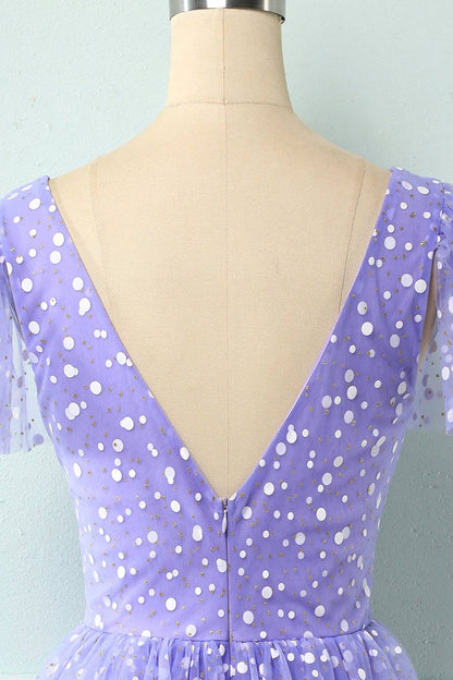 Lilac A-line V Neck Multi-Layers Mini Homecoming Dress with Dot