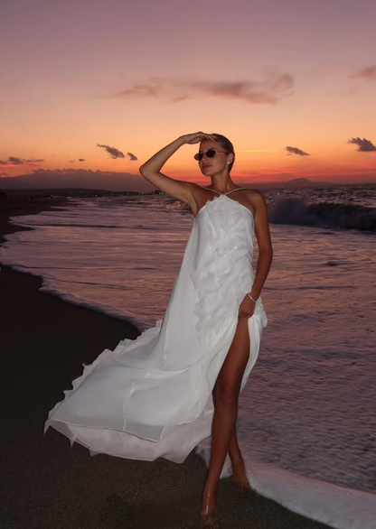 Flowy A Line Halter White Chiffon Open Back Prom Dress Vacation Dress SH4619